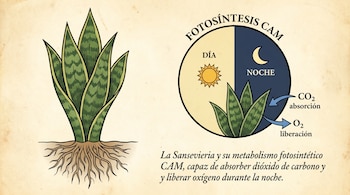 Ilustración de una Sansevieria con raíces y un diagrama circular de la fotosíntesis CAM, que muestra la absorción de CO2 y liberación de O2 por la noche.