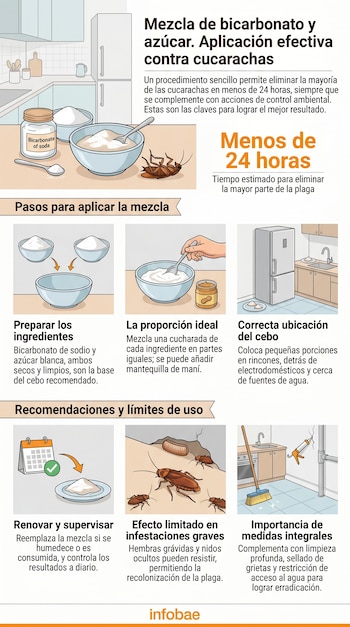 Infografía con ilustraciones sobre cómo usar bicarbonato y azúcar: cuencos con ingredientes, cucarachas muertas, cocina, calendario, escoba, sellador de grietas.