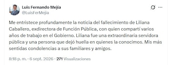 El exministro de Hacienda Luis Fernando Mejía recordó a Liliana Caballero como una destacada servidora pública - crédito @LuisFerMejia/X