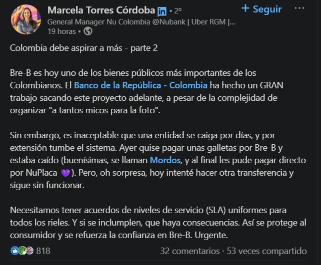 Las interrupciones en los servicios de Bancolombia impactaron transferencias y pagos realizados a través de Bre-B- crédito Marcela Torres Córdoba/Linkedin