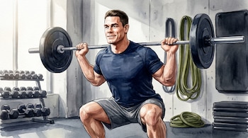 Ilustración de John Cena, musculoso, con remera azul y short gris, haciendo sentadillas con una barra olímpica en un gimnasio. Se ven pesas y bandas de resistencia al fondo.