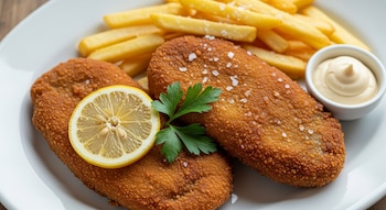 Vista cercana de dos milanesas de ternera empanizadas, doradas, servidas en un plato blanco con patatas fritas, una rodaja de limón, perejil y salsa.