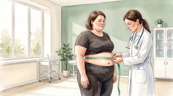 Ilustración de una médica con bata que coloca una cinta métrica alrededor de la cintura de una mujer dentro de un consultorio médico.