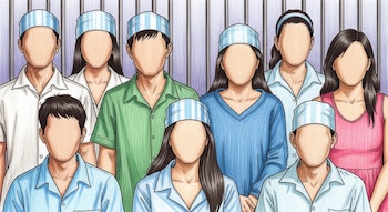 Ilustración a lápiz de color de ocho personas con rostros sin rasgos, cuatro hombres y cuatro mujeres, frente a barrotes.
