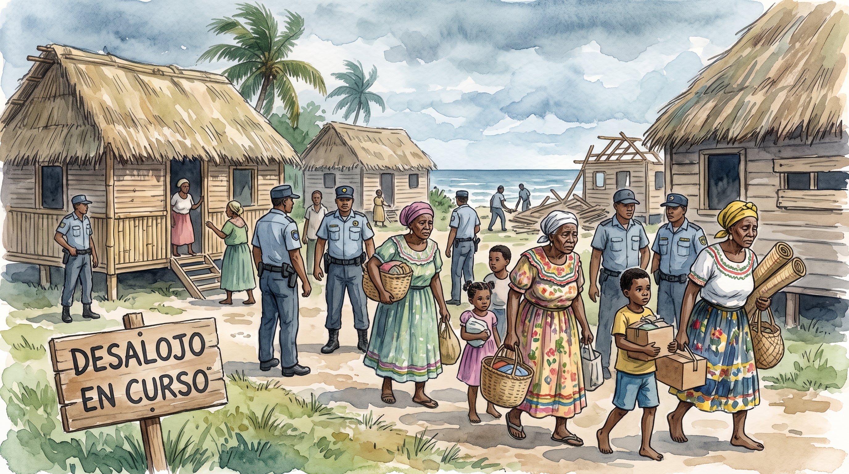 Una ilustración al estilo acuarela representa a integrantes de la comunidad garífuna en Honduras al abandonar sus viviendas durante un procedimiento de desalojo. (Imagen Ilustrativa Infobae)
