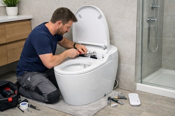 Un hombre arrodillado instala un inodoro inteligente blanco con herramientas en un baño moderno. Se ven azulejos grises, un mueble de madera y una ducha.