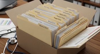 Caja de cartón con carpetas manila etiquetadas. Un estetoscopio, gafas y un gráfico de papel sobre un escritorio de madera.