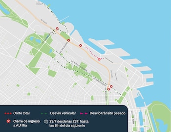 Mapa de Buenos Aires con Autopista Illia y avenidas. Muestra cierres de ingreso, cortes totales y desvíos de tránsito vehicular y pesado con leyenda de horarios