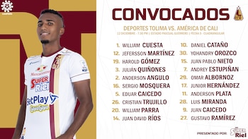 Convocados de Deportes Tolima para el partido contra América de Cali. Fecha 5, cuadrangulares. Liga BetPlay 2021-II