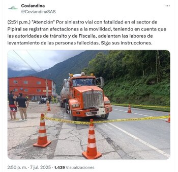 Coviandina, la concesión encargada del mantenimiento de la vía al Llano, entregó detalles del accidente en Piripal - crédito @CoviandinaSAS/X