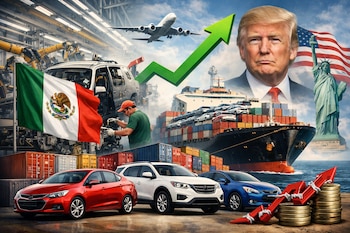 Bandera de México, fábrica, trabajador, autos en exportación. Buque de carga, contenedores. Donald Trump, símbolos de EE.UU. Flecha verde y aranceles.