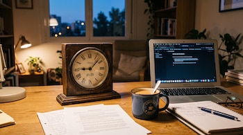 Reloj de mesa que marca las 21:35, una computadora portátil encendida, una taza de café, un cuaderno con bolígrafo y hojas en un escritorio.