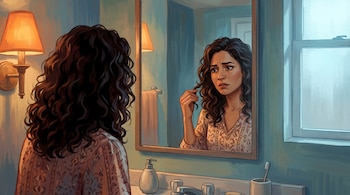 Ilustración de mujer mexicana frente a espejo de baño, vista de espaldas. Su reflejo muestra rostro preocupado tocándose el cabello. Se ven lavabo, lámpara y ventana.