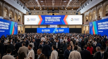 Un gran salón con arcos y columnas, varias pantallas que muestran el texto "Primer Congreso Internacional de Inmigración", y cientos de personas.