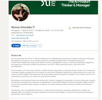 Captura de pantalla de un perfil de LinkedIn que muestra el nombre Alonso Grimaldo, una foto de perfil y una sección de información profesional