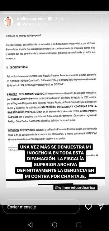 Melissa Paredes se pronuncia en