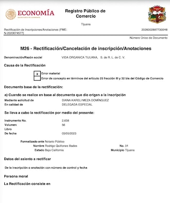 Documento de rectificación inscrito el 10 de septiembre de 2026 en el Registro Público de Comercio de Tijuana, mediante el cual Marina del Pilar Ávila dejó de figurar como socia de Vida Orgánica Tijuana. (Registro Público de Comercio)
