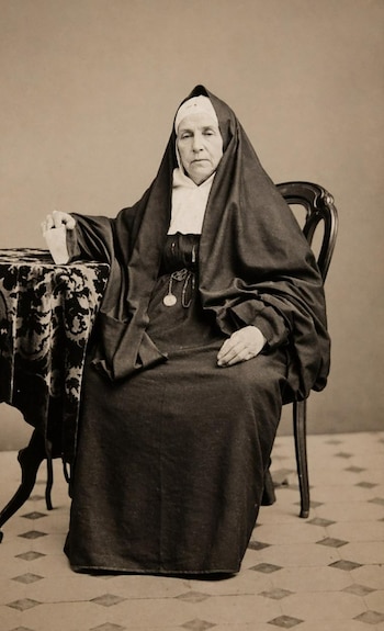Una mujer de edad avanzada sentada en una silla, vestida con un hábito negro y toca blanca, junto a una mesa con mantel estampado y un medallón