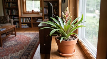 Planta de bromelia en maceta de terracota sobre alféizar de madera, con mosquitos volando cerca de sus hojas y un brote floral.