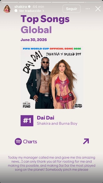 La cantante agradeció a su fanaticada por permitirle llegar a la cima del Top 50 Global de Spotify - crédito @shakira/Instagram