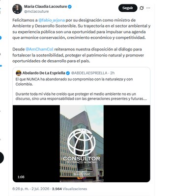 María Claudia Lacouture, presidenta ejecutiva de la Cámara de Comercio Colombo Americana, felicitó a Fabio Arjona por su llegada al Gobierno de Abelardo de la Espriella - crédito @mclacouture/X