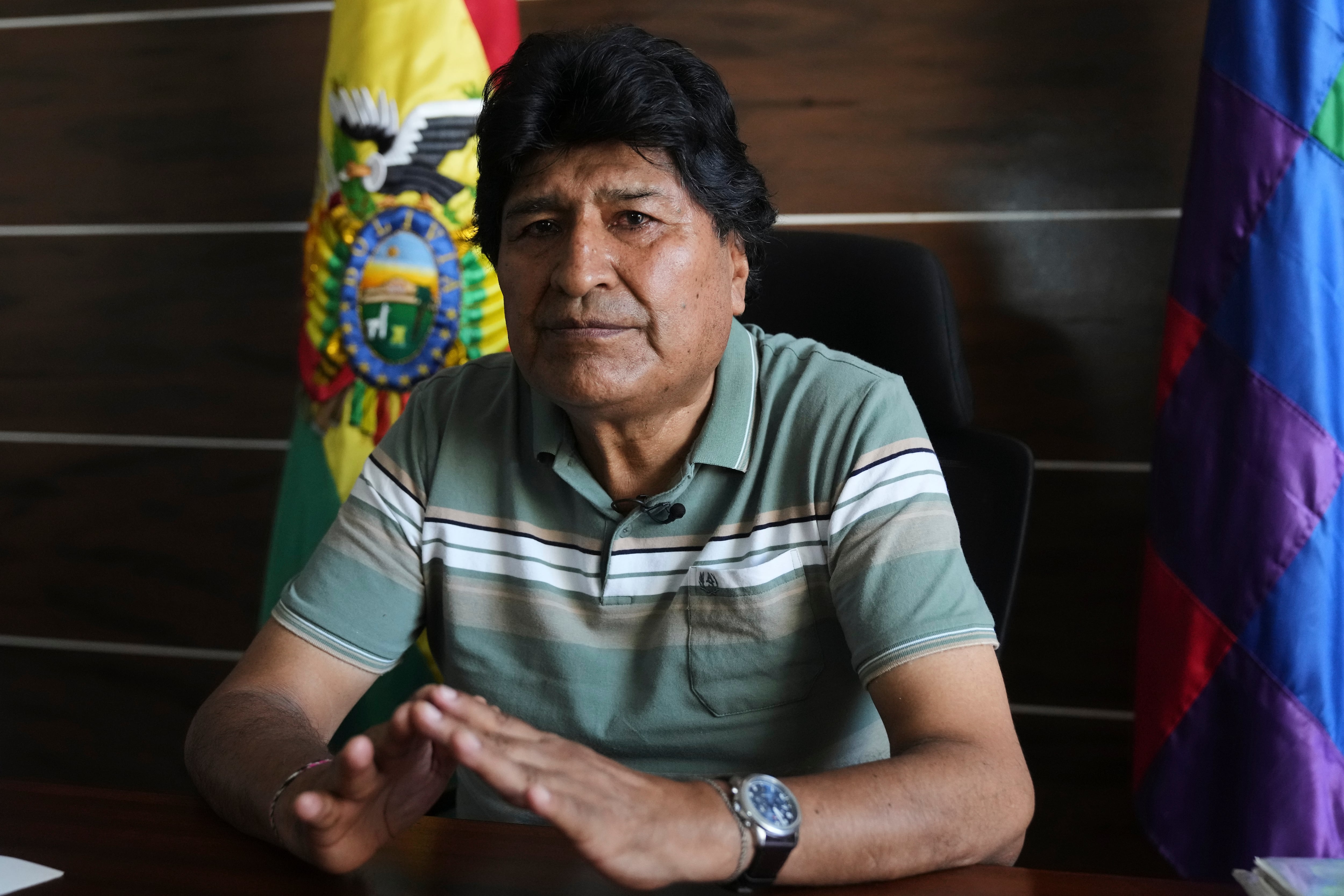 El expresidente Evo Morales durante una entrevista en Lauca Ñ, región del Chapare, Bolivia, el sábado 16 de agosto de 2025 (Foto AP/Jorge Sáenz)