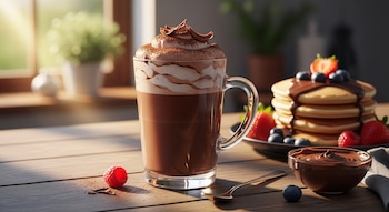 Primer plano de un vaso de Chocofoam con nata montada y cacao en polvo sobre una mesa de madera, con tortitas y frutas rojas al fondo.