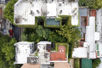 Vista aérea de propiedades y apartamentos con techos blancos, árboles frondosos y enredaderas cubriendo paredes, con patios en azoteas y una piscina
