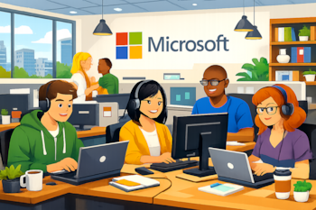 Ilustración animada de seis personas diversas trabajando en computadoras portátiles y de escritorio en una oficina luminosa con el logo de Microsoft en la pared.
