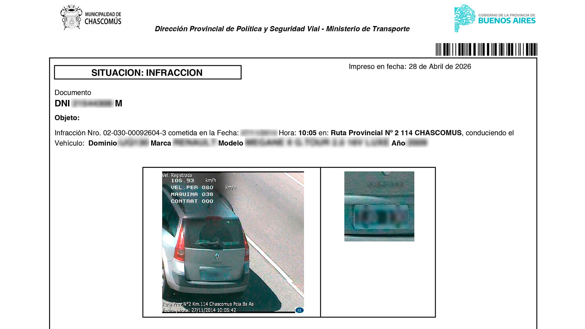 Una fotomulta de la Municipalidad de Chascomús muestra los datos de una infracción por exceso de velocidad, incluyendo la velocidad registrada y la ubicación en Ruta Provincial N° 2 Km 114.