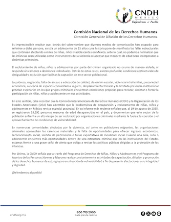 Comunicado oficial de la Comisión Nacional de los Derechos Humanos de México con texto redactado y logotipo de la institución