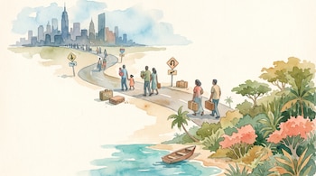 Acuarela de carretera con personas y maletas que une una ciudad con un paisaje tropical con playa y barca; incluye señales de tránsito de regreso.