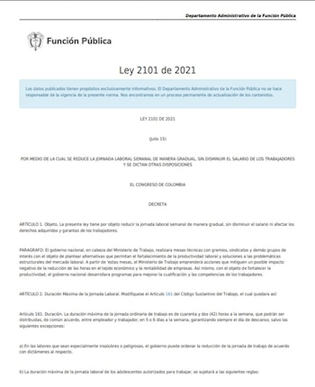 La Ley 2101 estableció reducciones de la jornada laboral hasta de 42 horas - crédito Función Pública