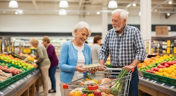 Un hombre y una mujer jubilados compran en un supermercado; la mujer sostiene una caja de huevos y el hombre empuja un carrito lleno de alimentos.