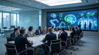 Grupo de ejecutivos en una sala de reuniones moderna. Pantalla digital muestra gráficos abstractos de cerebros, brazos robóticos y un mapa mundial con datos.