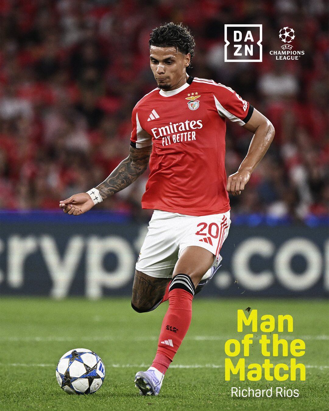 Richard Ríos fue elegido como el mejor jugador del partido de Benfica contra Fenerbahce - crédito DAZN