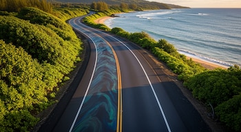 Una carretera de dos carriles con marcas blancas y amarillas curva junto a una costa con vegetación densa. Un patrón azul-verde adorna un carril. Hay una playa y el océano.