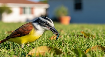 Benteveo amarillo y blanco sujetando un insecto verde brillante en su pico, de pie sobre el pasto verde con rocío. Al fondo, una casa difuminada.