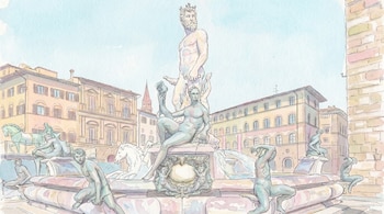 Ilustración en acuarela de la Fuente de Neptuno en Florencia, Italia, con la estatua principal de Neptuno y figuras mitológicas. Edificios clásicos bajo un cielo azul claro.