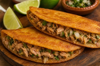Dos empanadas fritas abiertas con relleno de pescado y verduras picadas, acompañadas por rodajas de limón sobre una tabla de madera.