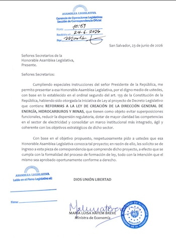 Correspondencia legislativa: Reforma plantea que la Dirección General de Energía, Hidrocarburos y Minas asuma las competencias del sector eléctrico en El Salvador.