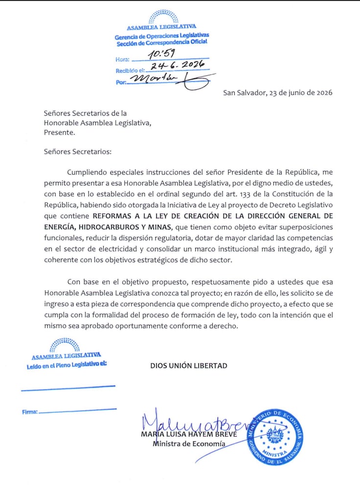 Correspondencia legislativa: Reforma plantea que la Dirección General de Energía, Hidrocarburos y Minas asuma las competencias del sector eléctrico en El Salvador.