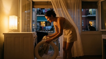 Una mujer de espaldas carga una lavadora abierta en una habitación con luz cálida. La puerta del balcón está abierta y un gato se ve en el exterior.