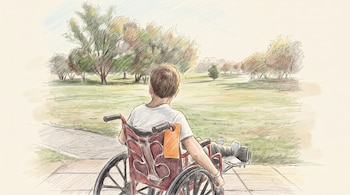 Ilustración de una persona en silla de ruedas sentada en un camino, mirando un campo de césped con varios árboles.