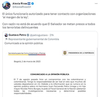 Diputada salvadoreña arremete contra Gustavo Petro.