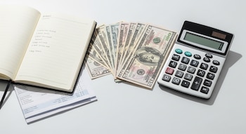 Vista aérea de billetes de dólares, una calculadora con pantalla '0', una libreta de presupuesto abierta y documentos, todo sobre una superficie blanca.