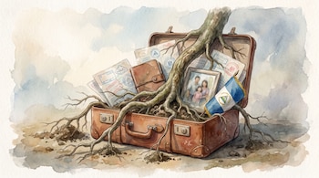 Maleta marrón abierta sobre tierra con tronco y raíces de árbol que crecen de su interior. Contiene documentos sellados, foto familiar, cartera y bandera de Nicaragua.