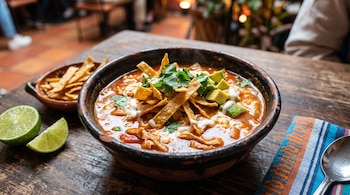 Tazón con sopa roja, tiras de tortilla, aguacate y cilantro, al lado de trozos de lima y una cuchara sobre una mesa de madera.