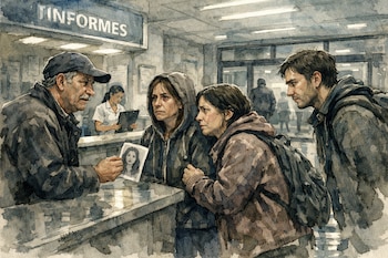Ilustración en acuarela de tres familiares angustiados en la recepción de un hospital, un hombre muestra la foto de una mujer, rostros cansados bajo luces frías.