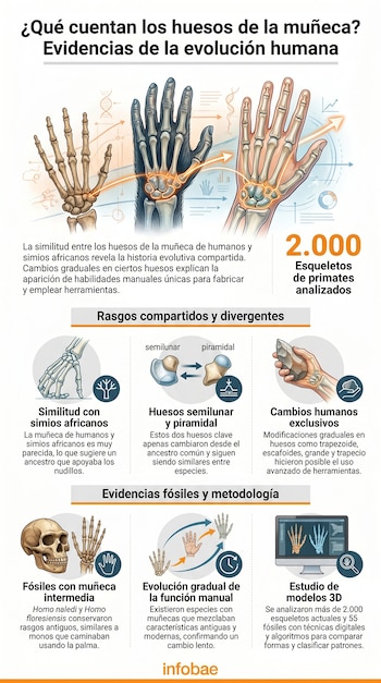 Ilustración comparativa de tres manos que muestran la evolución de los huesos de la muñeca, desde un esqueleto óseo a manos con tejido, y gráficos explicativos.